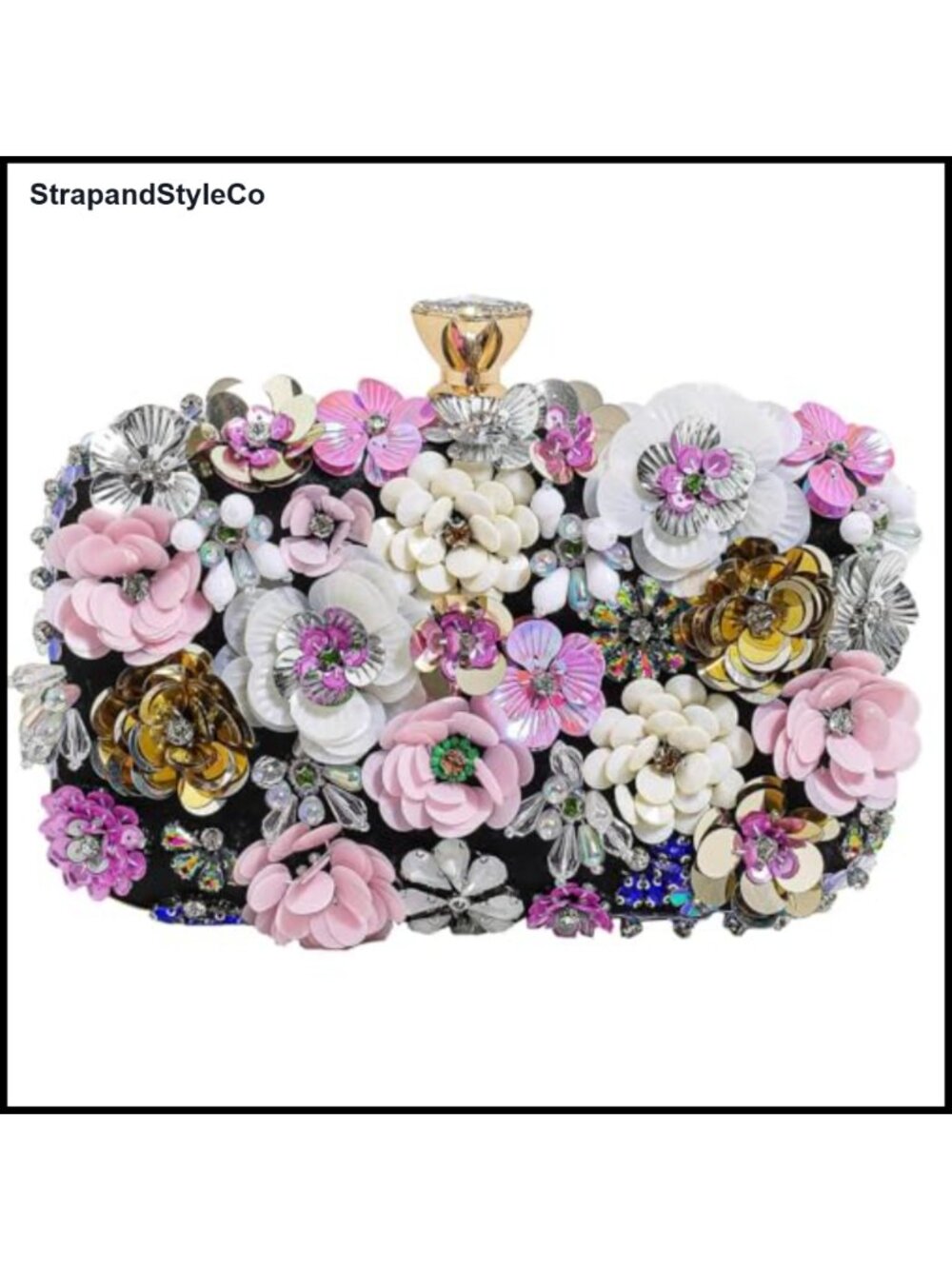 Floral Beaded Satin Evening Clutch with Wristlet & Chain Strap